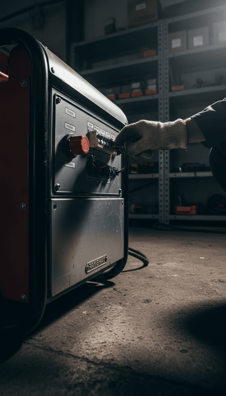 Close-up of generator control panel being inspected by hand